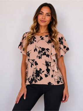 Blush Floral Ruffle-Side Short Sleeve Blouse
